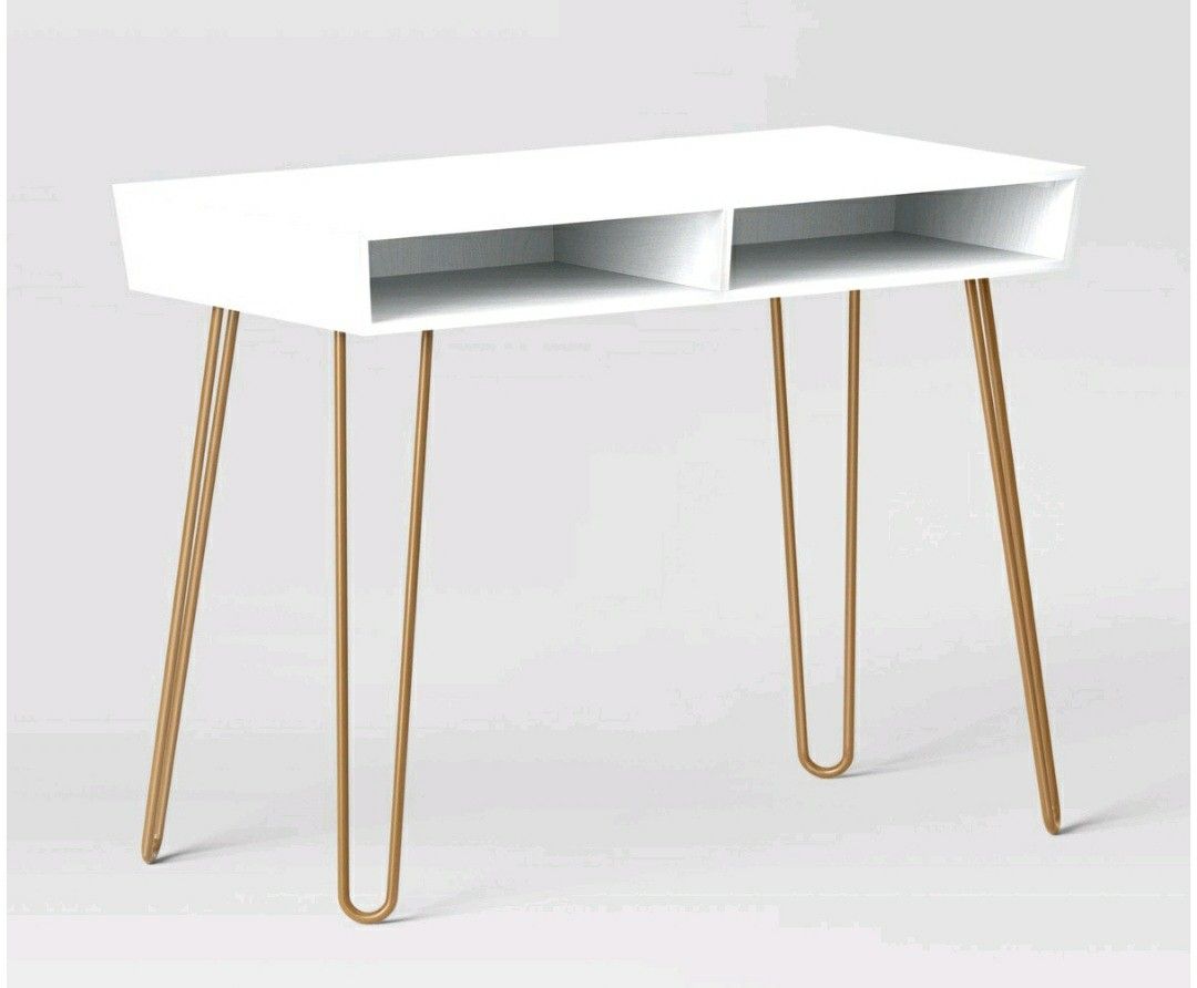 White and Gold Hairpin Writing Desk with Storage