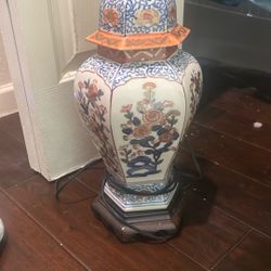 Vintage Chinese Lamp, Antique With A Wooden Base And Breast Fit