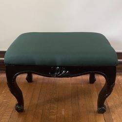 Beautiful Vintage Queen Anne Style Black Wood  Bench / Footstool with Green Cushion - 24x17x17
