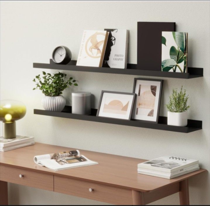 35.4" Black Floating Wall (2) Shelves with Lip | Modern Wall Mounted Picture Ledge for Bedroom, Nursery, Living Room, Bathroom, Kitchen