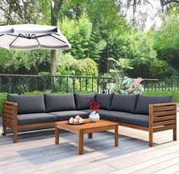 Assembled New Outdoor L Shaped Sofa w/ Coffee Table & Armrest & Beige Cushions Acacia Wood Structure