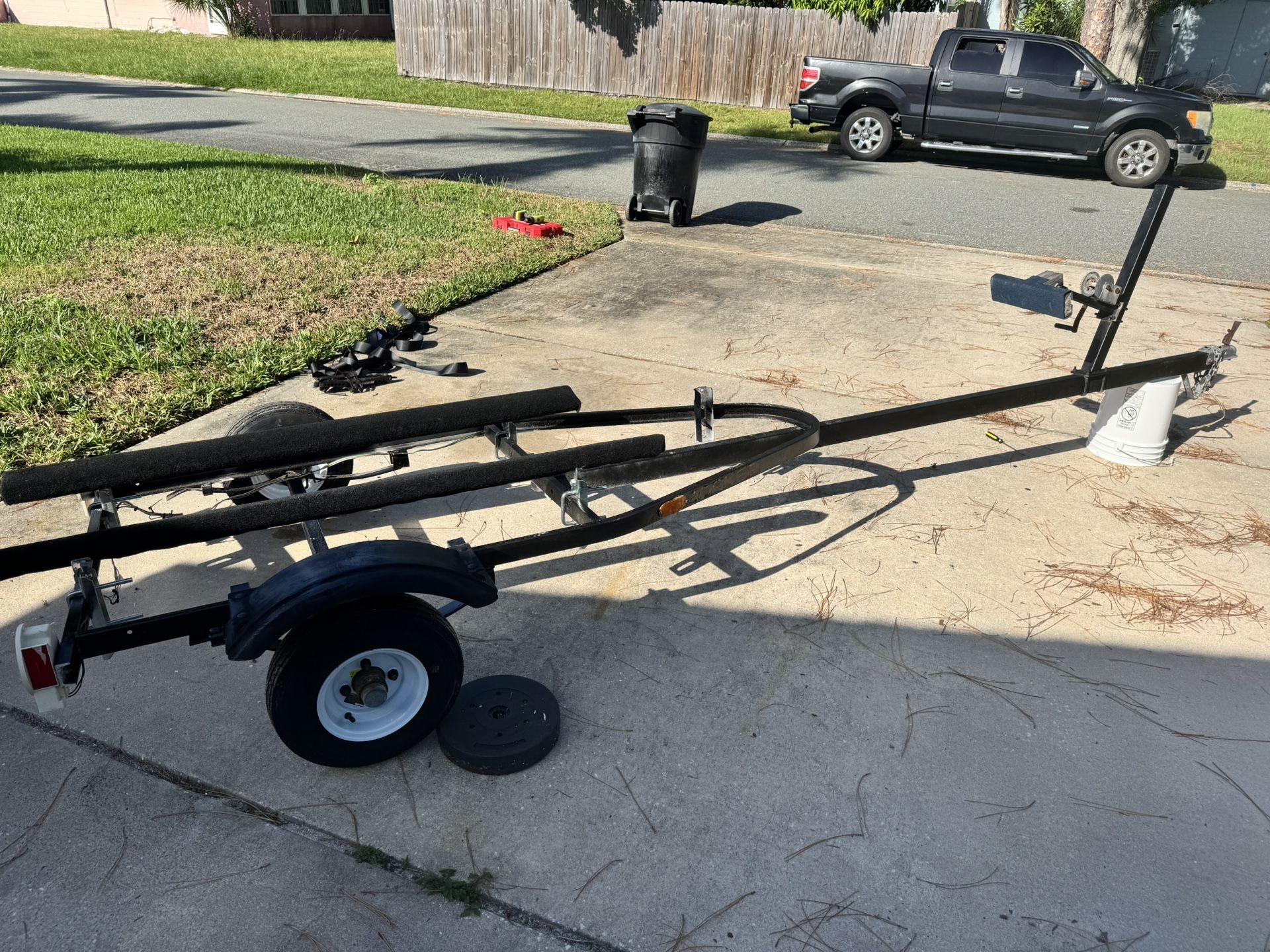 14.5ft Rocket boat trailer – rebuilt with new bunks, brackets, tires & winch strap, light kit included (needs wiring).