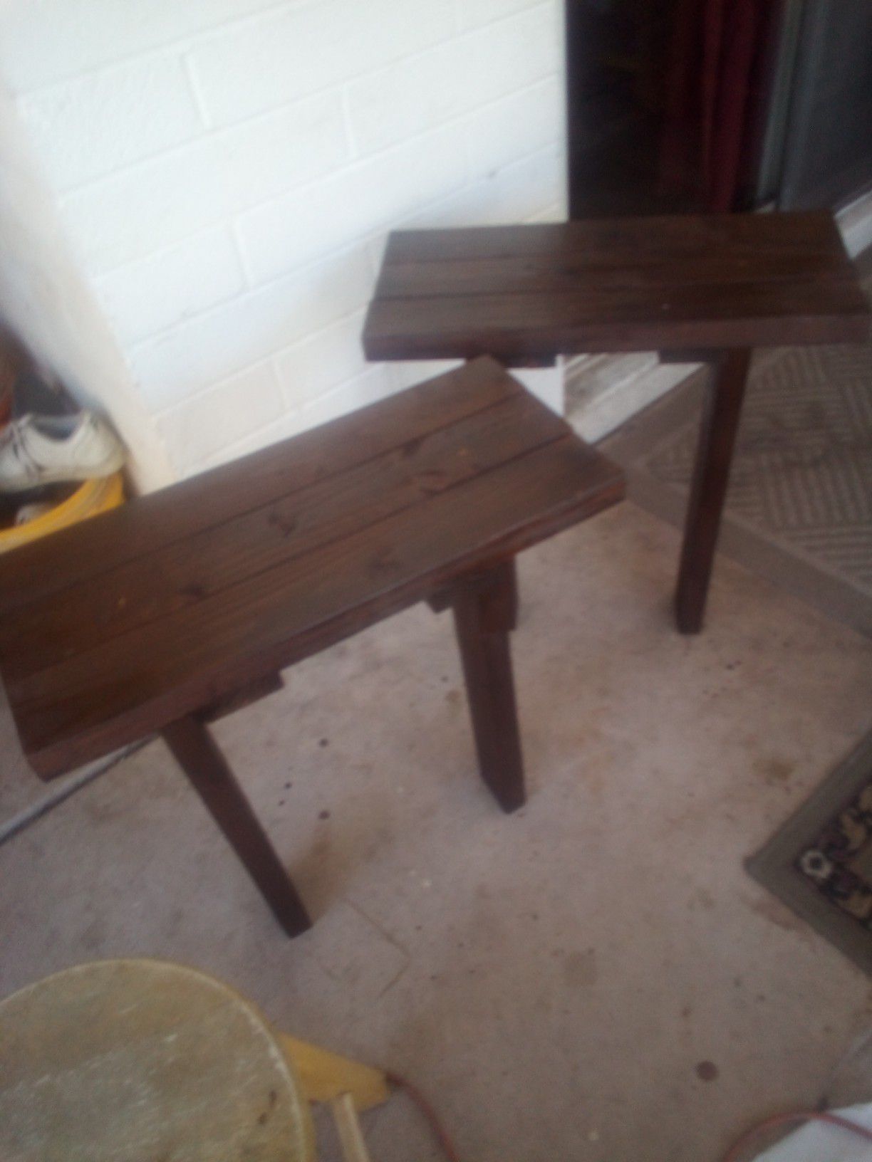 2 MATCHING dark walnut STAINED END TABLES $35 FOR SET (LIGHT WEIGHT) UNIQUE ONE OF A KIND