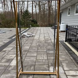3 LARGE BRASS AND STEEL ADJUSTABLE COMMERCIAL MODERN  CLOTHING RACKS CAN BE SOLD SEPARATELY 