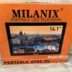 MILANIX 14.1" Portable Widescreen LED TV Rechargeable Battery Operated with HDMI, VGA, MMC, FM, USB/SD Card Slot, Built in Digital Tuner, AV Inputs, a