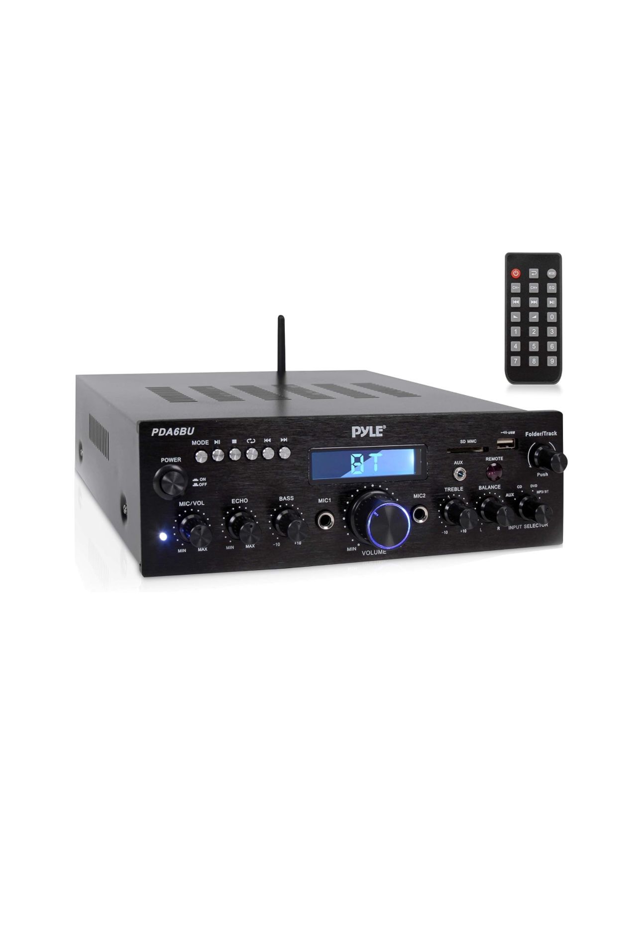 Pyle Wireless Bluetooth Power Amplifier System - 200W Dual Channel Sound Audio Stereo Receiver w/ USB, SD, AUX, MIC in w/ Echo, Radio, LCD - for Home