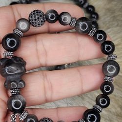 NEW MY MELODY Silver Sheen Obsidian Black Beaded Bracelet