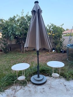 Patio Umbrella with Base and Two Side Tables