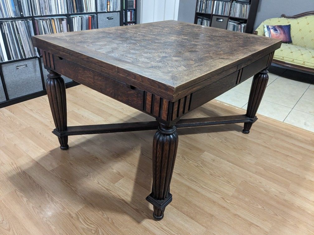 Vintage Antique Dining Table & Chairs, Solid Wood with Hidden Built-in Leaves