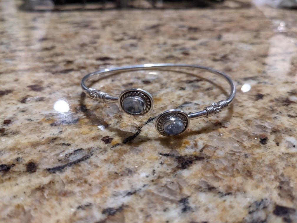 Adjustable Silver Tone Bangle Bracelet With Moonstone