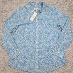 Vineyard Vines Top Women 6 Blue Floral Button Up Long Sleeve Lightweight Relaxed 