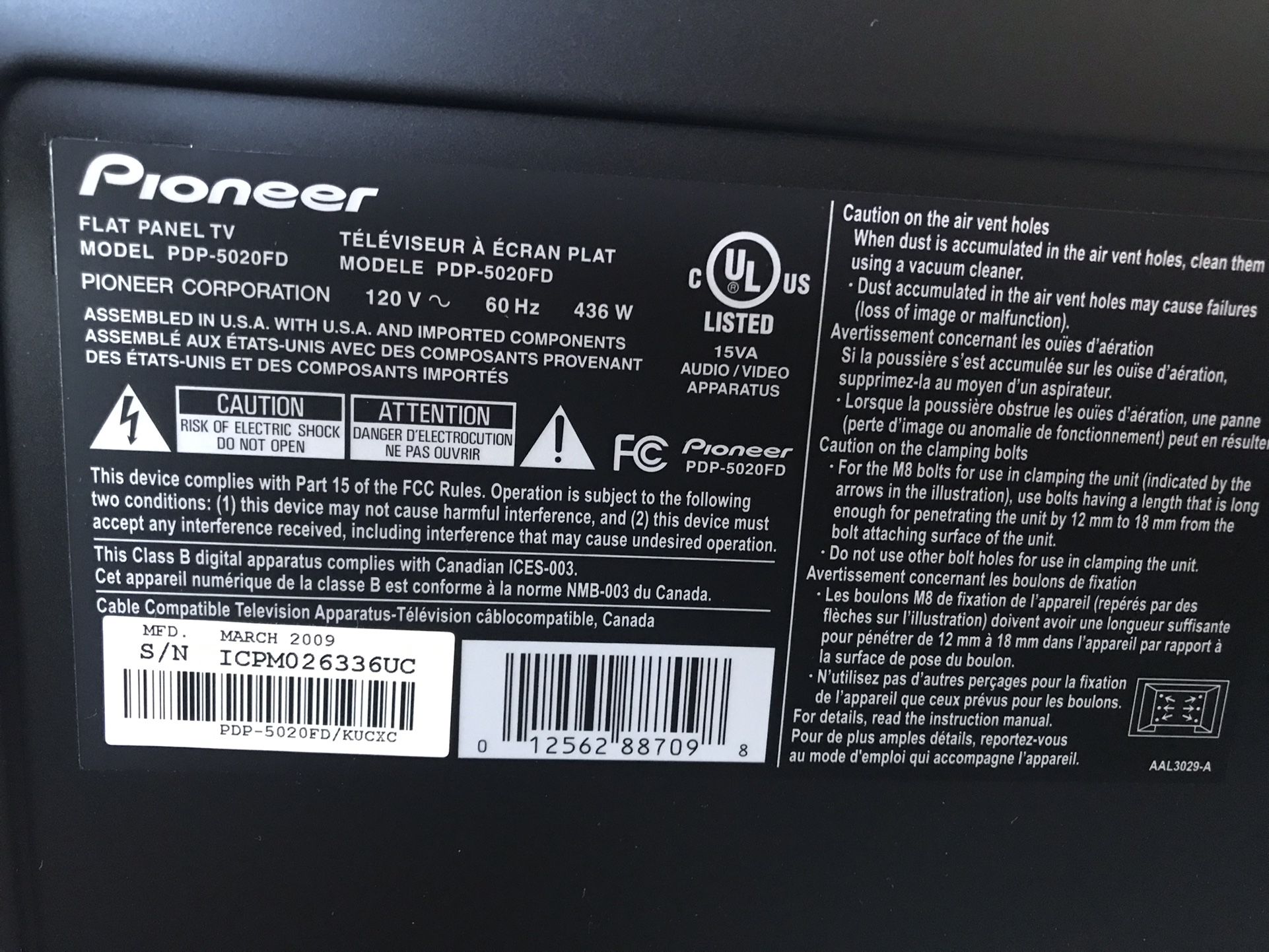 Pioneer KURO PDP-5010FD 50” 1080P HD Plasma TV for Sale in Gilbert