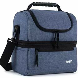 MIER Lunch Bag Insulated Cooler Double Deck, Front Pocket Bluesteel Color, Large, Brand New 
