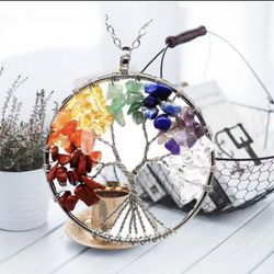 Tree of Life Pendant Necklace, Chakra Pendant Necklace, Stainless Steel Chain, Crystal  Necklace