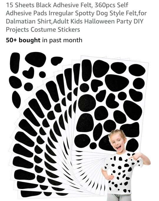15 Sheets Black Adhesive Felt, 360pcs Self Adhesive Pads Irregular Spotty Dog Style Felt,for Dalmatian Shirt,Adult Kids Halloween Party DIY Projects C
