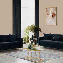 VELVET UPHOLSTERY SOFA SET BOTH CONVERTIBLE SLEEPER!!! SOLID WOOD &IRON FRAME  W  GOLD DESIGN  AVAILABLE IN BLK OR  TAUPE 