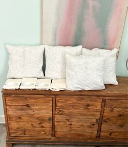 Four 20”x20” new feather pillow cushion inserts and ikea Hedsav beige covers