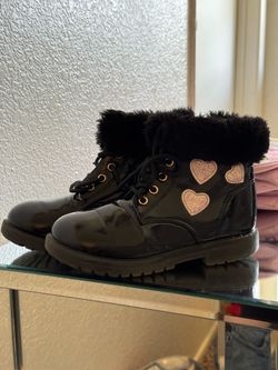 Girls Black Patent Fur Combat Boots – Size 3