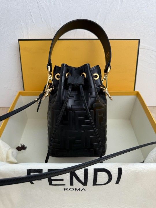 FF Fendi Embossed Mini Mon Tresor Bucket Bag Black