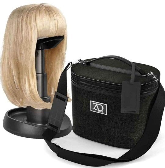 Wig Travel Case - 8 Inch to 12 Inch High Wig Box with Collapsible Wig Stand - Dome Foam Wig Head Stand in Zipper Carrying Case with Handle