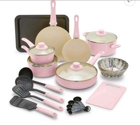 GreenLife 18-Piece Soft Grip Toxin-Free Healthy Ceramic Non-Stick Cookware Set, Pink, Dishwasher Safe