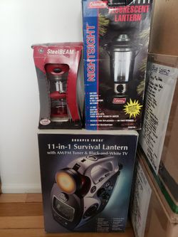 SHARPER IMAGE 11 IN 1 SURVIVAL LANTERN  - COLEMAN FLUORESCENT LANTERN - STEELIBEAM FLOURESCENT LANTERN