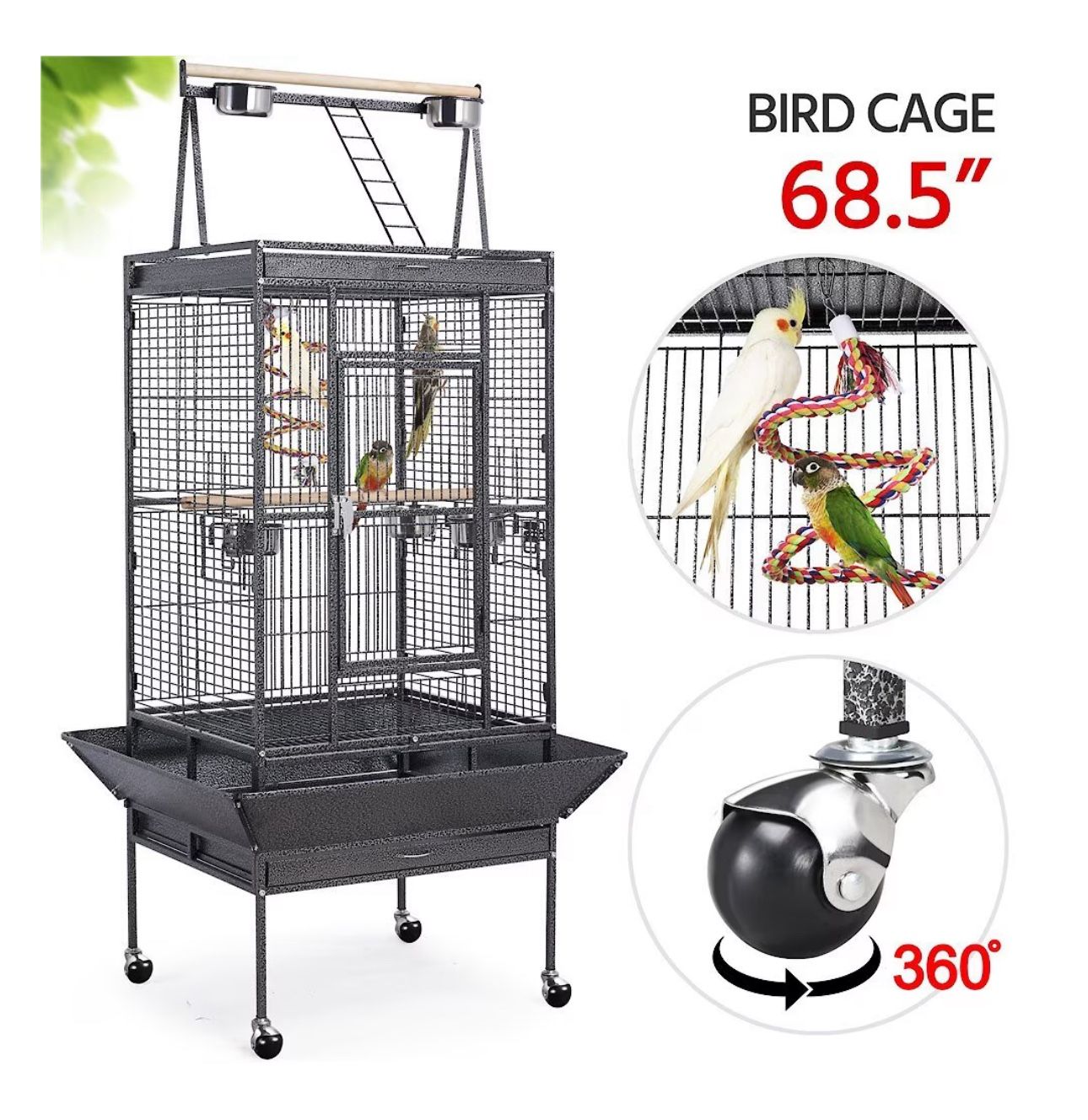 Yaheetech 68.5-in Rolling Bird Cage & Playtop, Hammertone Black