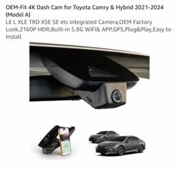 OEM-Fit 4K Dash Cam for Toyota Camry & Hybrid 2021-2024 (Model A) LE L XLE TRD XSE SE etc integrated Camera,OEM Factory Look,2160P HDR,Built-in 5.8G W