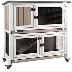 36″LRabbit Hutch Wooden 2 Story,Guinea Pig Pet House for Small to Medium Animals,Grey