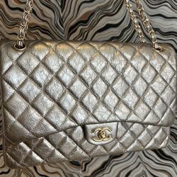 Chanel Large Size Goldy Silver Classic Flap Bag 