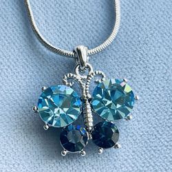 Sparkling  Blue Crystal Butterfly Necklace On Snake Chain *Ship Nationwide Or Pickup Boca Raton