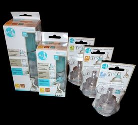 NEW Lot of 5 Mii Sophie la Girafee 9 & 5 oz baby bottles with nipped of  Newborn, 3m, 6m, 9m