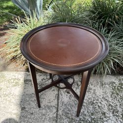 Leather Top Vintage Drum Side Table Gold Foil 