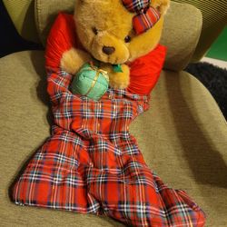 Vintage Teddy Bear Plush Christmas Stocking Plaid Gift Bow Red Green Gold 18”