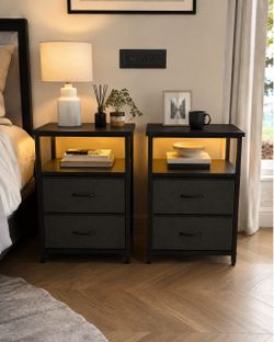 Set of 2 Black Nightstands w/ Drawers & Lights