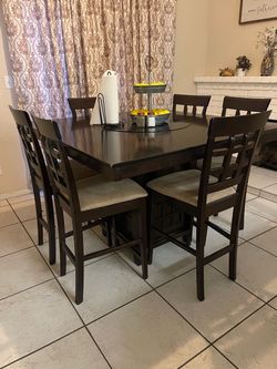Dark Wood Counter Height Dining Table with 6 Chairs