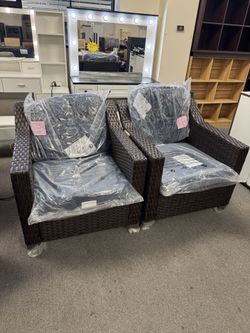 Short & Punchy Facebook Listing (ready to post) Title: 🔥 2 New Outdoor Wicker Patio Chairs (Blue Cushions) - $199  Body: Brand new in box patio chair