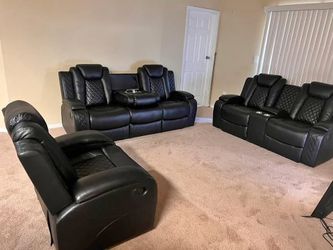 3 - piece Black Breathing Leather Recliner Living Room Sofa