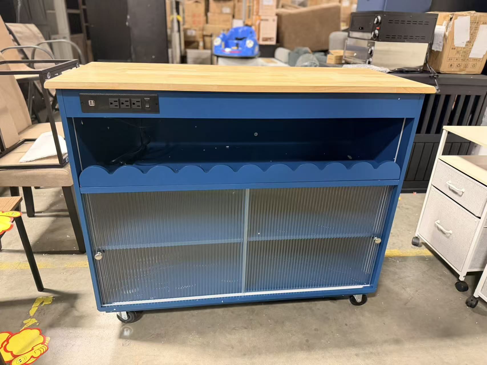 Kitchen Island with Drop Leaf LED Light Kitchen Cart on Wheels with Power Outlets 2 Sliding Fluted Glass, blue (without folding top ) $100