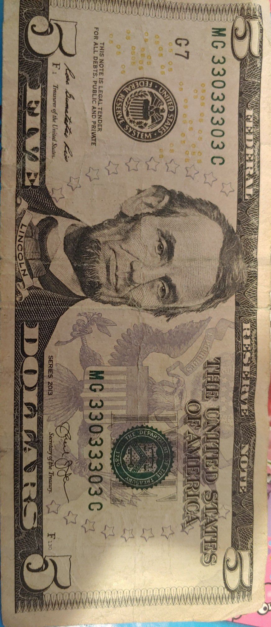 5 Dollar Bill With Cool Serial Number