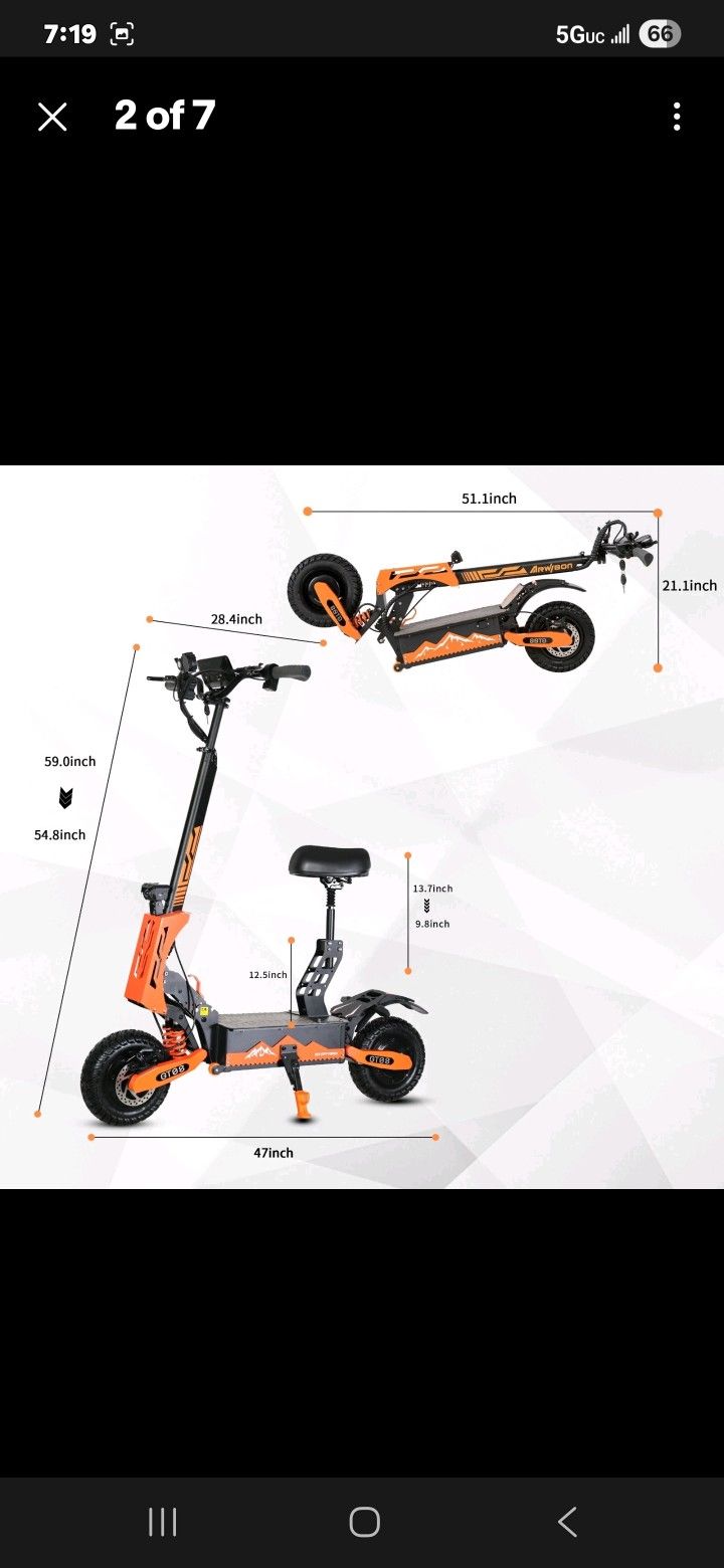ARWIBON 5600W DUAL MOTOR 50MPH'RANGR 35 MILES MAX LOAD 440 LBS.
Tire Size: 11 inch
Model Number: GT08
Category: Two-wheel Scooter
Applicable People: