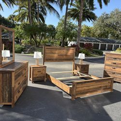 Beautiful Rustic Bedroom Set Queen Size Solid Wood Brown Color Like New by Malaysia Furniture 