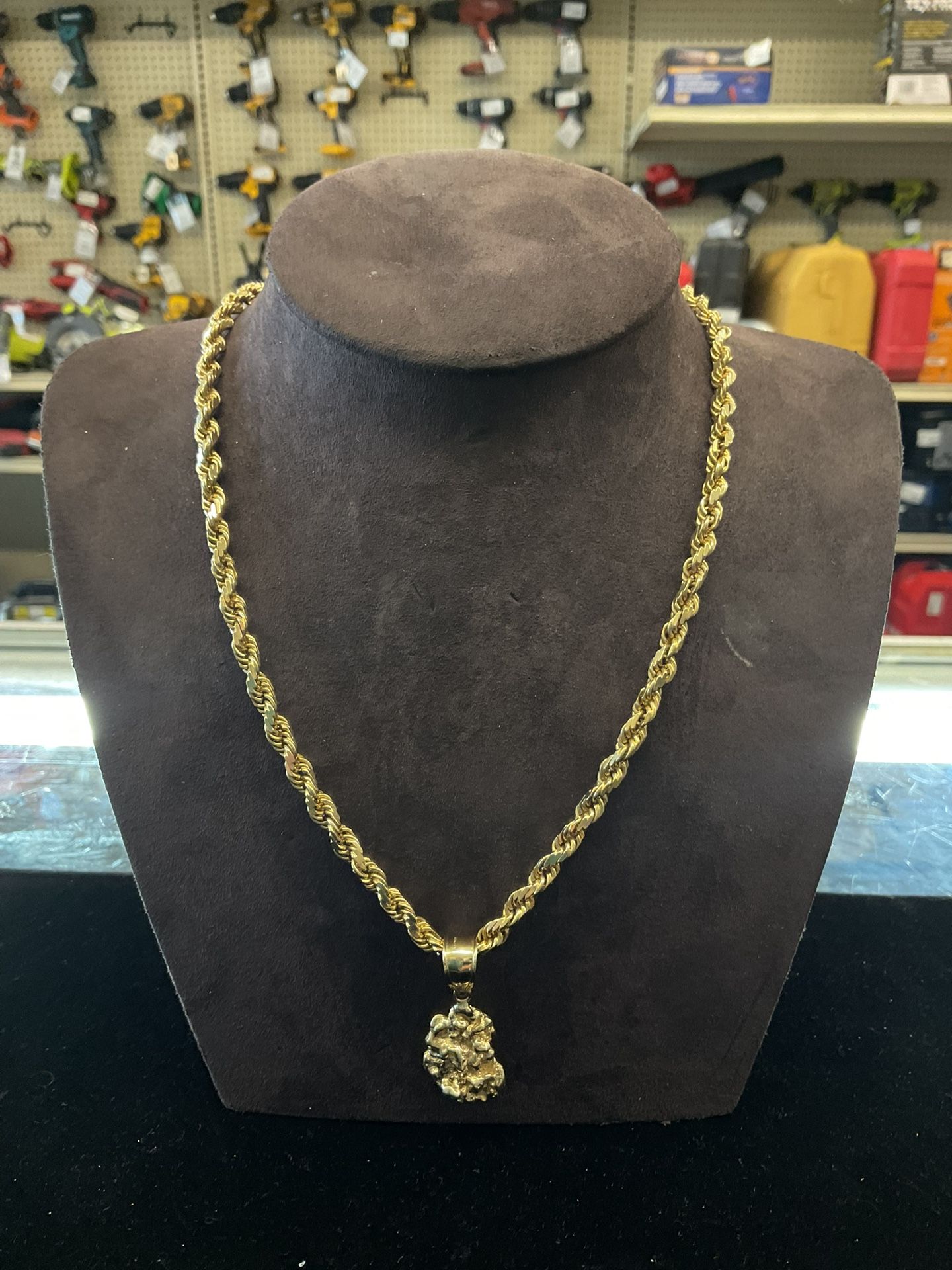 14k Solid Rope Chain With Nugget Pendant 39163-1