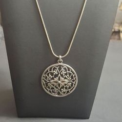 Vintage 1970's Etienne Aigner Silvertone Openwork Floral Motif Pendant Necklace W/24" Round Silvertone Snake Chain, Hallmark On Clasp