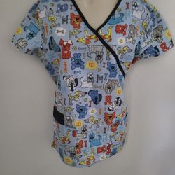 Scrubs Dog Print Top Medical Or Veterinary Pockets Tie Back Sz M
