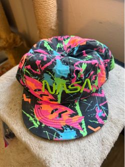 Vintage 80s 90s NASA Neon Splash Snapback Hat Retro Space Cap