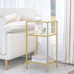 3-Tier Side Tables End Tables with Tempered Glass, Nightstands with Storage Shelves, Slim Sofa Tables for Living Room, Bedroom (2, Golden)