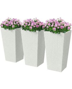 Outsunny Tall Planters for Outdoor Plants Set of 3, 24 in Taper Planters with Drainage Holes, Rattan Decor Plant Pots for Indoor Outdoor Front Porch P