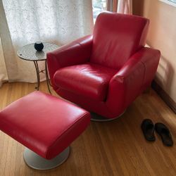 Red leather Armchair And Footstall