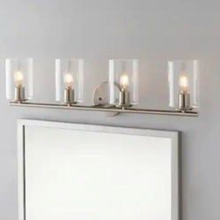 Hampton Bay Champlain 31.5 in. 4-Light Brushed Nickel Modern Bathroom Vanity Light with Clear Glass Shades

